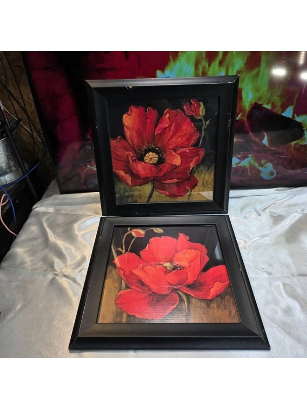 Set of 2 Barbara Mock "Poppy Blossom" Framed Canvas Art Prints 15.5"